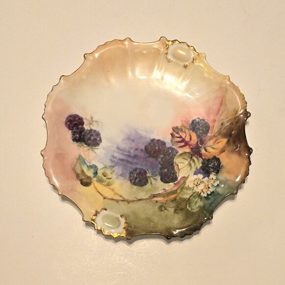 Antique Limoges Hand-Painted Plate Blackberries France Gold Scalloped 8.5